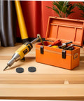 Heavy Duty 6Pc Nylon Polishing Wheels With 10mm Hole For Grinder Buffing Metal Wood Stone Furniture Car Detailing And Marble Finishing Kit alongside tools in an orange toolbox.