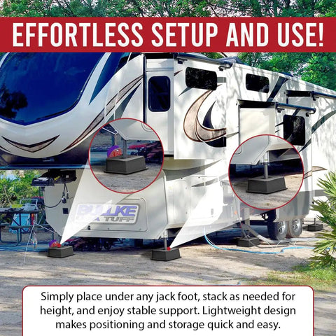 Heavy Duty Trailer Jack Blocks For RVs Up To 18,000 Lbs installed on an RV, UV Resistant Stabilizing Pads for Travel Trailers in use
