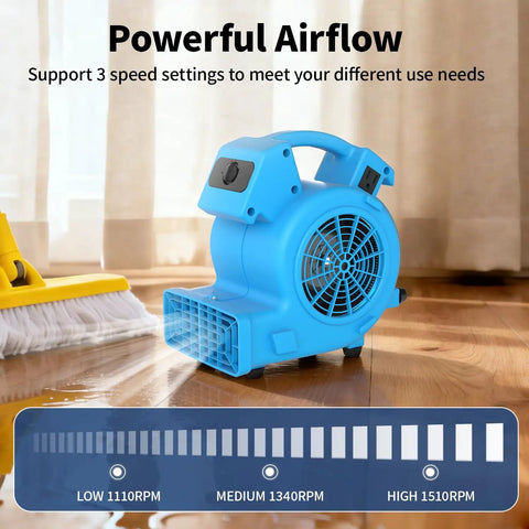Powerful Air Mover 1/8 HP 550 CFM Carpet Dryer and Floor Blower With 3 Speed Settings and Daisy Chain for home use