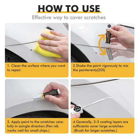 Using GMC Black GBA Touch Up Paint Kit For Cars, 2 in 1 Scratch Remover Pen; applying paint to car scratch with instructions.