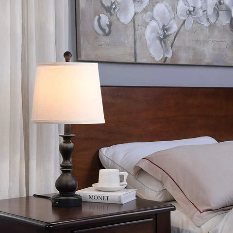 Resin Table Lamp Set Of 2 With USB Ports For Bedroom And Living Room Plug In Bedside Lamps White Fabric Shade Black Base 22 Inch