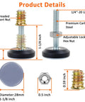 Game Changing Adjustable Furniture Levelers With Full Metal Threads And Teflon Glide Pads Smooth Operator Anti Wobble Foot Caps For Tables Chairs Cabinets And Sofas Total Floor Protection Kit Eight Pack, showing product details and dimensions.