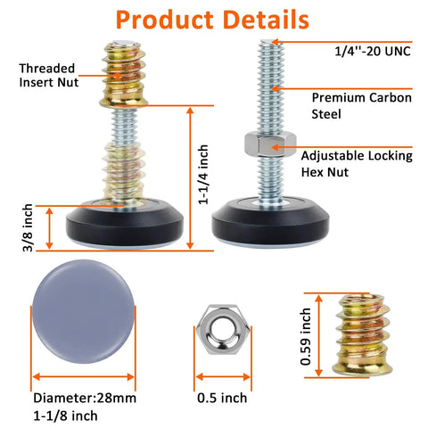 Game Changing Adjustable Furniture Levelers With Full Metal Threads And Teflon Glide Pads Smooth Operator Anti Wobble Foot Caps For Tables Chairs Cabinets And Sofas Total Floor Protection Kit Eight Pack, showing product details and dimensions.