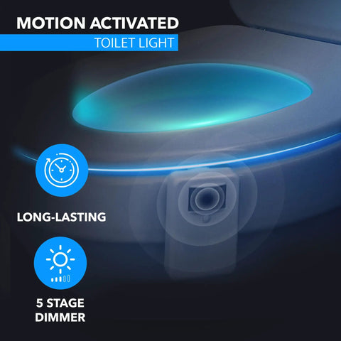 Rear Toilet Light With Motion Sensor 16 Color LED Night Light illuminating a toilet bowl, highlighting 5-stage dimmer feature.