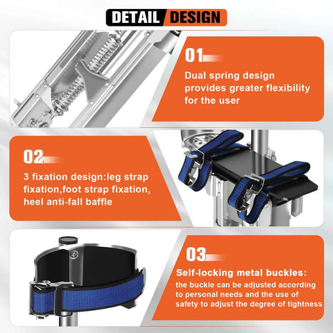 Close-up of dual spring design and metal buckles on 18 To 30 Inch Aluminum Drywall Stilts For Sheetrock, Drop Ceiling, Painting And Wall Work, Adjustable Height Painter Stilts With Beefy Heavy Duty Load