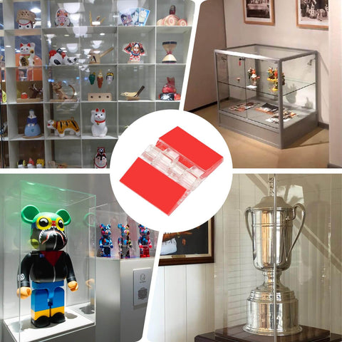 12 Pieces Self Adhesive Clear Acrylic Hinges Set For Glass Cabinets Displays And Craft Projects, shown in multiple showcase uses.