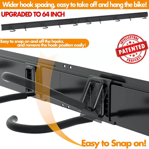 Close-up of Six Bike Storage Rack With Five Hooks For Garage Wall Mount showing 64 inch snap-on rail system and hooks.