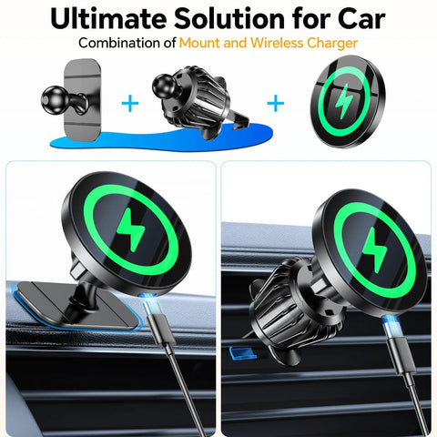 2 In 1 MagSafe Car Charger And Phone Holder With Ultra Sticky Dashboard Mount for iPhone shown installed on car dashboard