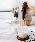 Hand using Hardcore Milk Frother For Coffee Fast Handheld Drink Mixer With Stainless Steel Whisk Battery Operated Wand for foam