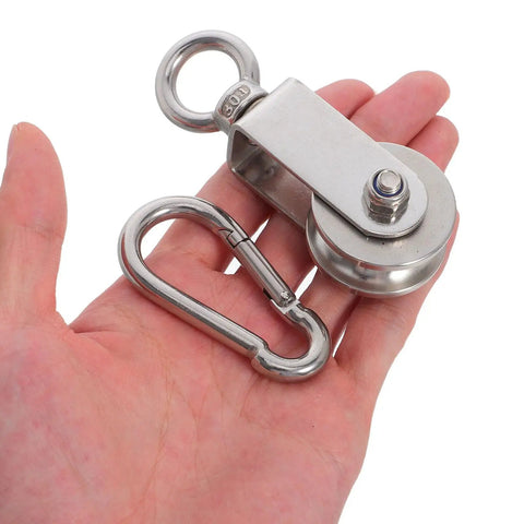 Heavy Duty Stainless Steel Cable Pulley System With Dual Bearings For Wire Rope, Smooth Operation, Hanging Track Roller For Industrial And Home Use, Built Tough, Low Friction Performance, Easy Install And Durable Construction, with carabiner