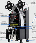 Hassle Free Commercial Cup Sealer Machine With Smart Heat Preservation Tech and Quick Auto Manual Switching for Reliable Plastic Food Packaging, showing control panel and components.