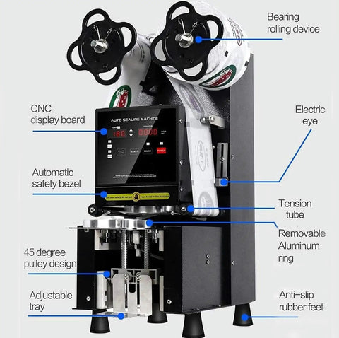 Hassle Free Commercial Cup Sealer Machine With Smart Heat Preservation Tech and Quick Auto Manual Switching for Reliable Plastic Food Packaging, showing control panel and components.
