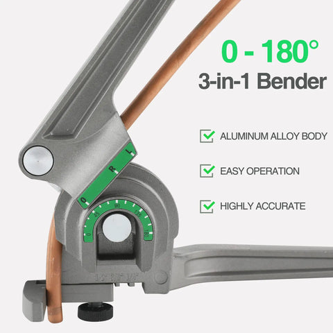 Heavy Duty Three In One Tubing Bender For HVAC Techs with aluminum alloy body and angle gauge for precision bends.