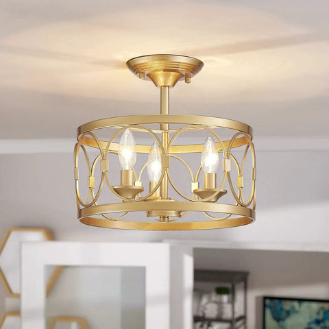 3 Light Farmhouse Semi Flush Mount Ceiling Light With Gold Finish For Kitchen Hallway Living Room And Bedroom, 12.6 Inch Diameter