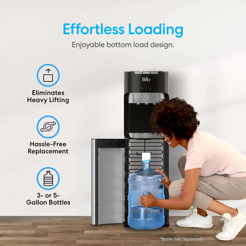 Woman using Bottom Load Water Dispenser For Five Gallon Bottles With Hot Cold And Room Temperature Water with Easy Lift Cabinet open