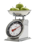 Analog Mechanical Kitchen Scale With Bowl Battery Free And Up To 11 Pounds Measuring In Grams And Ounces For Baking And Cooking Black And Silver showing apples in the bowl