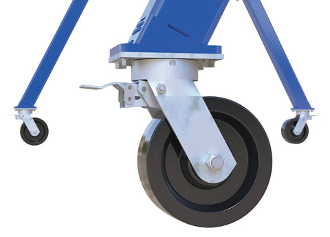 Steel Adjustable Height Gantry Crane With Locking Phenolic Casters 20 By 12 Ft Span 6000 Lb heavy duty wheel detail.