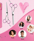 Game Changing DIY Haircutting Kit For Home Use Including Ultra Slick Hair Scissors Split Ends Trimmer And Precision Bangs Clips on pink background with tools and hair types.