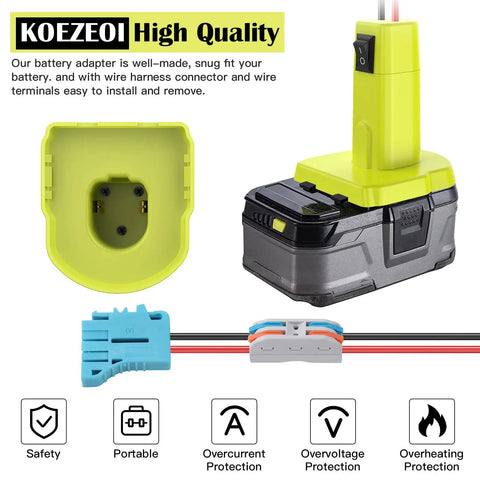 Ryobi 18V Battery Adapter For Power Wheels And DIY RC Cars with attached wire harness and connectors, highlighting safety features.