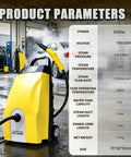 Professional Commercial Steam Cleaner, 3000W High Pressure Steam Washer with safety lock and hose in a vehicle cleaning space.