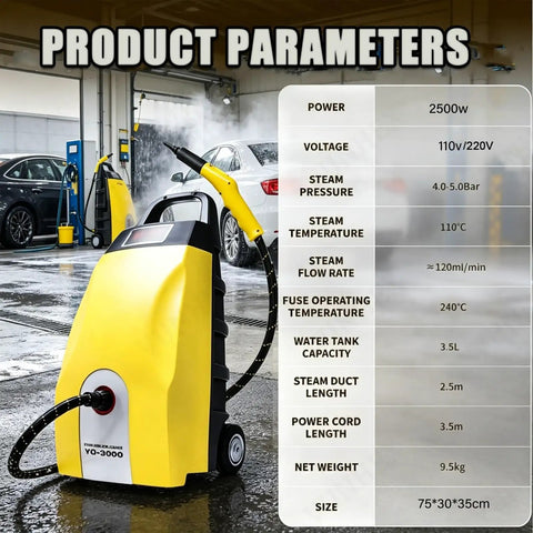 Professional Commercial Steam Cleaner, 3000W High Pressure Steam Washer with safety lock and hose in a vehicle cleaning space.