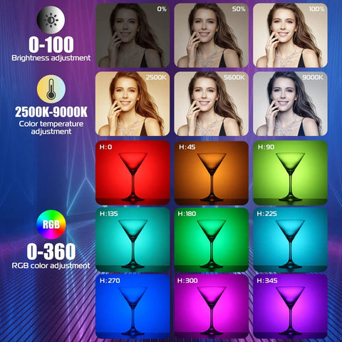 Display showing brightness, color temperature, and RGB adjustments of Handheld Light Wand With 360 Degree RGB LED Video Light Stick.