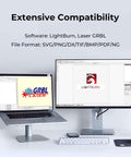 Laser engraving workstation with dual monitors showing GRBL Laser and LightBurn software interfaces.