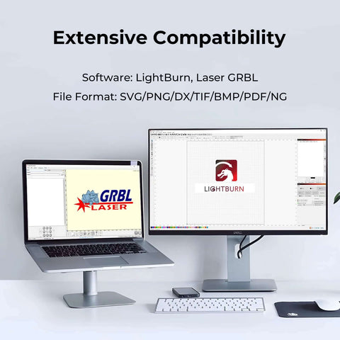 Laser engraving workstation with dual monitors showing GRBL Laser and LightBurn software interfaces.