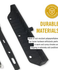 Beefy Black Louver Hardware System showing durable materials, rust-resistant polyoxymethylene, part detail