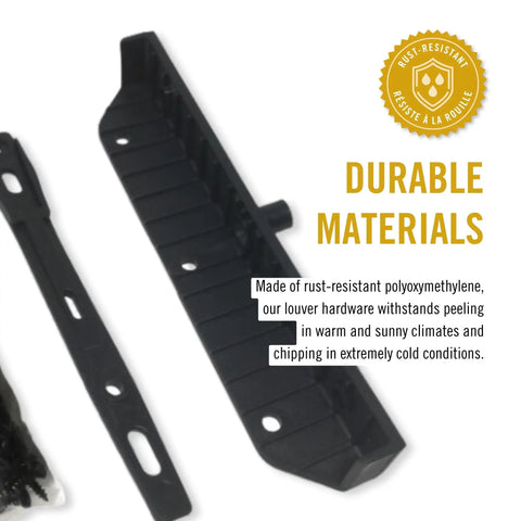 Beefy Black Louver Hardware System showing durable materials, rust-resistant polyoxymethylene, part detail