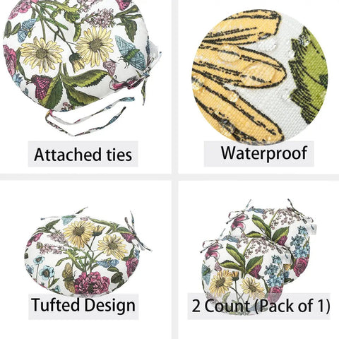 Round Tufted Chair Cushions Set Of 2 15x15x4 Inches Water Resistant With Ties For Bar Stools Patio Garden Outdoor Kitchen Butterfly Flower Pattern