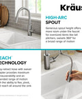 Oletto Spot Free Stainless Steel Kitchen Faucet With Pull Down Sprayer above white sink showing high arc spout and reach technology.