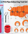 13 Piece Pipe Deburring Tool Set With 5 High Speed Steel Blades showing orange fittings and measurements for PVC PEX Copper Aluminum Tubing