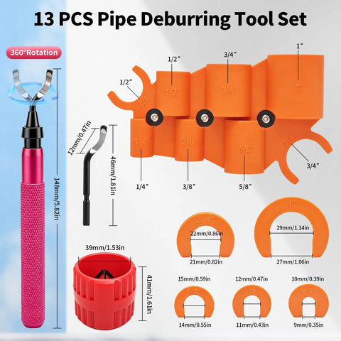 13 Piece Pipe Deburring Tool Set With 5 High Speed Steel Blades showing orange fittings and measurements for PVC PEX Copper Aluminum Tubing