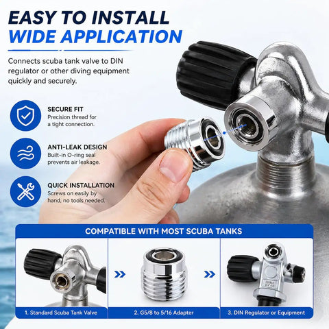 Two Pack Must Have Scuba Diving Tank Valve Adapter G Five Eighths To Five Sixteenths High Pressure Air Tank Regulator Adapter With O Ring Seal Anti Leak Stainless Steel Diving Accessory shown with connection details