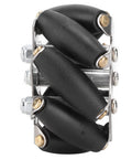Side view of POENVFPO 48mm Mecanum wheel with black rubber rollers and metal frame