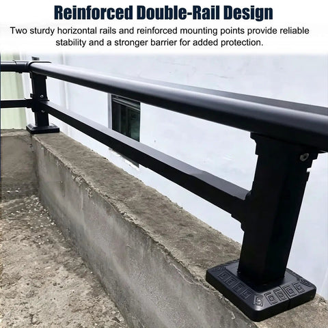 Reinforced double-rail design of galvanized steel exterior railing for rooftop safety, providing a sturdy barrier.