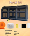 Inflatable Tennis Court Style Tent And Baseball Batting Cage With Blower Portable 19.68 Ft By 9.84 Ft with accessories shown