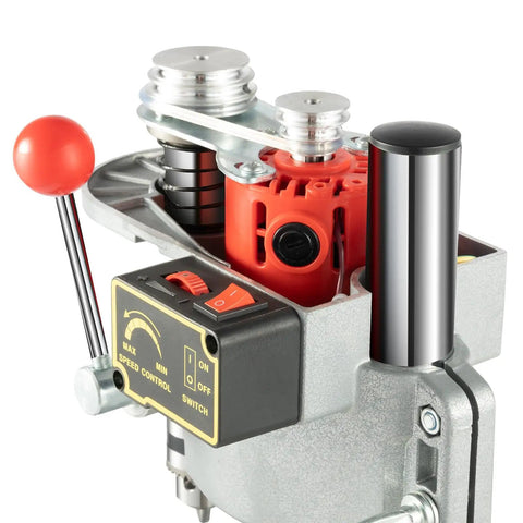 Close-up of Compact Benchtop Drill Press With 110V 340W Power Handy 3 Speed Pillar Drill Press Table Stand controls