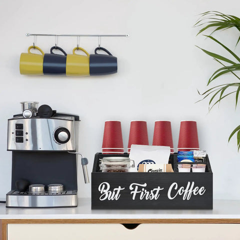 Solid Wood Coffee Station Organizer for Countertop and Bar Setup No Fuss Holder, black finish, alongside coffee machine and cups.