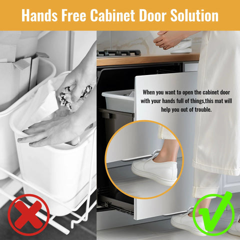 Adhesive Toe Pull For Trash Cabinet Doors Hands Free Foot Operated Door Opener White installed in a modern kitchen scene