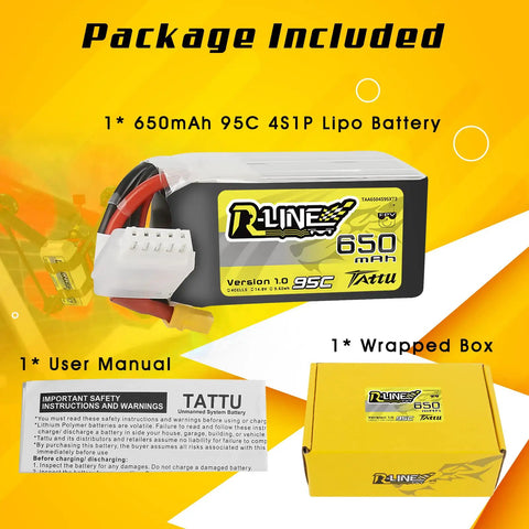 4S LiPo Battery 650mAh 14.8V 95C With XT30 Plug For FPV Drones package including battery, manual, and box
