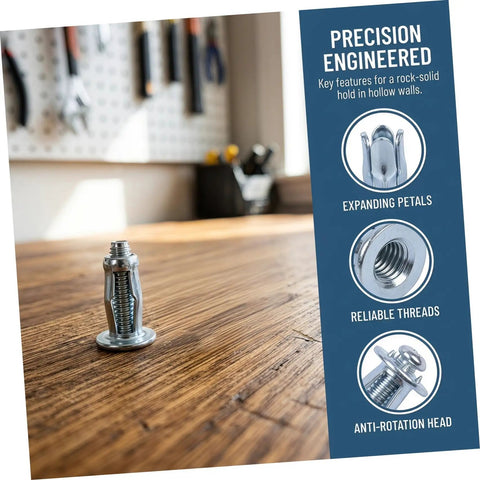 Heavy Duty Petal Expansion Bolts Nuts Kit 35Pcs M4 M5 M6 for Hollow Wall Anchors, metal bolt on wood surface with feature panel