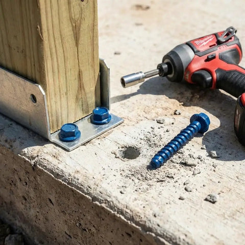 Installed Beefy Half Inch By Five Inch Concrete Screw Anchor Kit With Drill Bit And Hex Driver Blue Coated Heavy Duty Fasteners