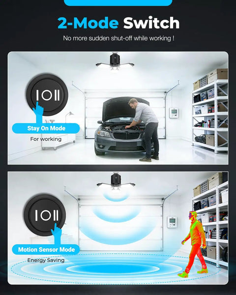 All Day Motion Activated Garage Light With 80W Power, Day And Night Sensing Ceiling LED, adjustable panels for garage use