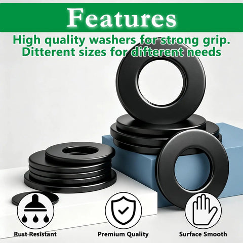 1110 Piece Black Flat Washers Set With Nine Metric Sizes M2 Through M12 For Screws And Bolts, Heavy Duty Carbon Steel, Black Zinc Plated, Pro Grade Durability, Corrosion Resistant, All Purpose Hardware Kit For Quick Fixes And Projects, stacked black washers