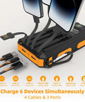 Solar Power Bank 20,000mAh Portable Charger On The Go With USB C Four Cables And Three Ports Fast Charging External Battery Pack