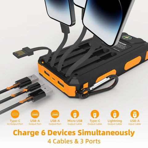 Solar Power Bank 20,000mAh Portable Charger On The Go With USB C Four Cables And Three Ports Fast Charging External Battery Pack