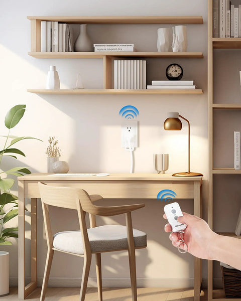 Person using Plug And Play Remote Outlet Switch With Wireless On Off Control For Lamps And Fans Programmable And Compact 100 Ft RF Range FCC Listed Battery Included Easy No Fuss Wiring Setup For Home Automation in home office.