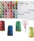 Colorful thread spools on pegboard with Badass Double Pegboard Hooks 15 Piece Set Crafted From Hella Tough Steel, scissors included.